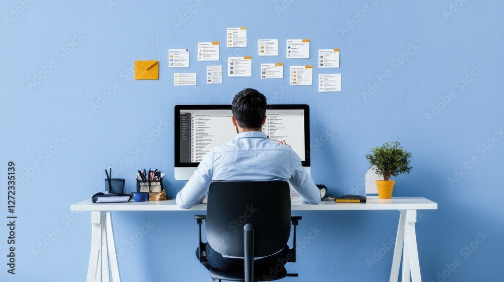 Aufkleber a man is sitting at a desk with a computer monitor and a potted plant