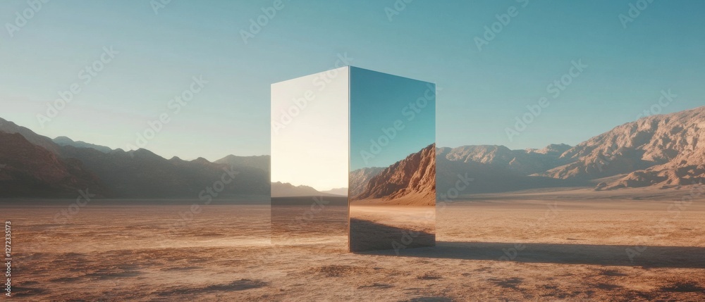Poster reflective metallic monolith in a vast desert landscape at sunset surreal mirrored cube reflecting m