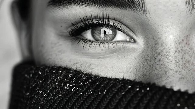 A girl is partially covered by dark fabric, focusing on her striking eye with captivating details. The unique iris pattern and long lashes stand out against her fair complexion