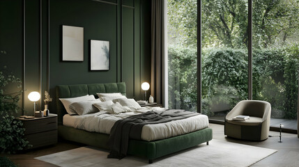 Luxurious bedroom with an olive-toned bed, dark green walls, and minimalist decor for a sophisticated look