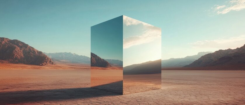 Reflective metallic monolith in a vast, cracked desert landscape at sunset Surreal mirrored cube reflecting the sky and mountains Concepts of illusion, reality, and minimalism
