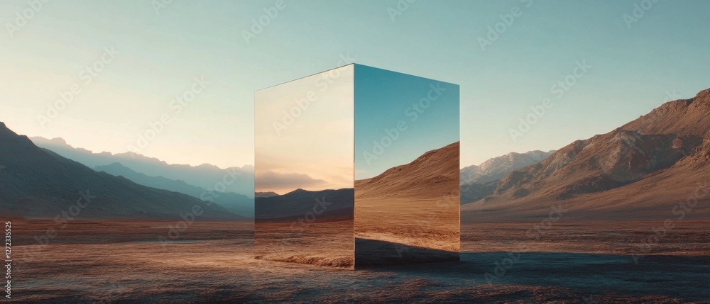 Poster Reflective metallic monolith in a vast, desolate landscape at sunset Surreal desert scene with mirrored cube reflecting the mountains and sky Concepts of solitude, mystery, and otherworldly beauty