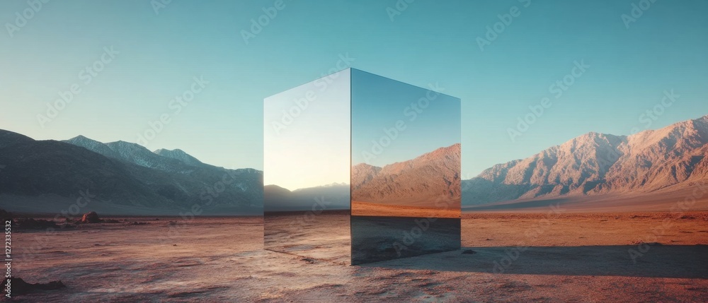 Aufkleber reflective metallic cube in a vast desert landscape at sunset surreal mirrored monolith reflecting m
