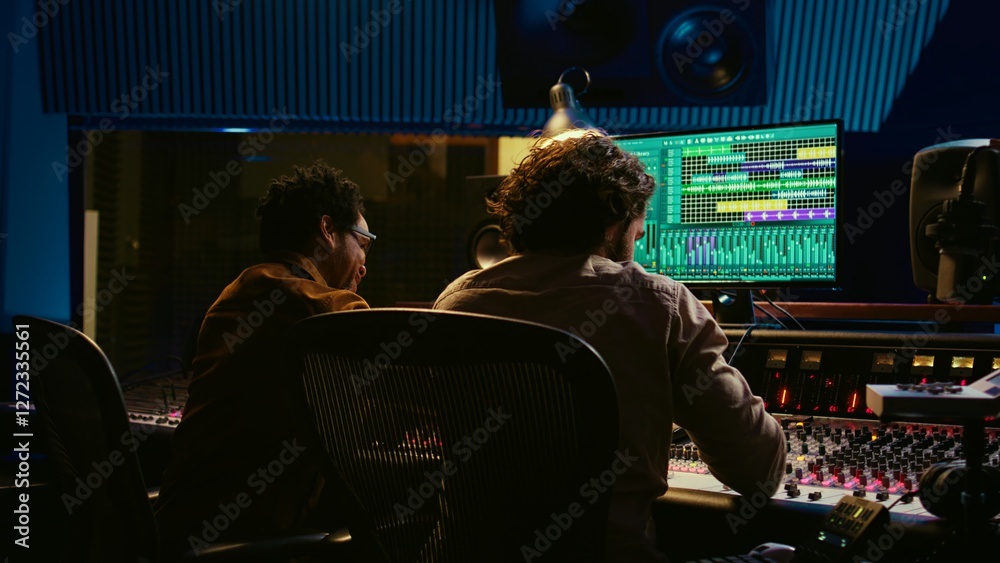 Aufkleber Diverse team of artist and sound designer working on editing tunes for a new hit, operating mixing console with moving faders and colored meters. Musician and producer making tracks. Camera B.