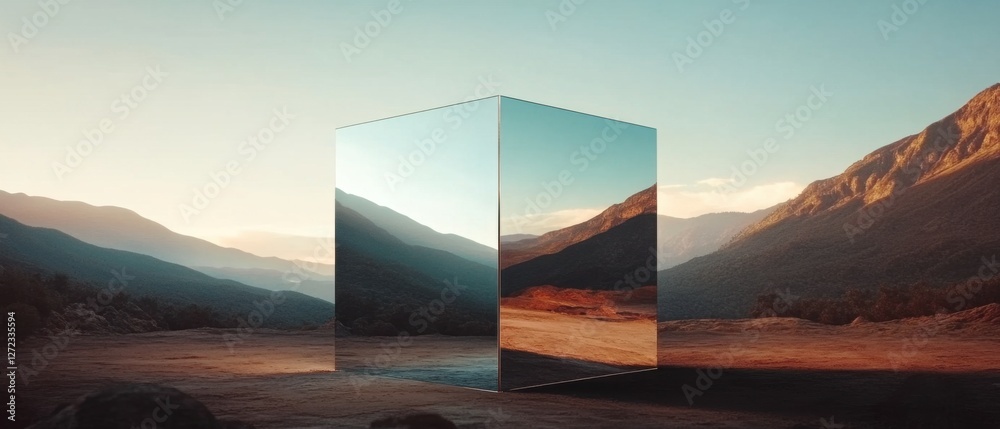 Aufkleber reflective metallic cube in a serene mountain landscape at sunset surreal art and conceptual image o