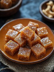 Sweet and Delicious Traditional Indian Jaggery Treats on a Brown Plate Surrounded by Nuts in a Rustic Setting