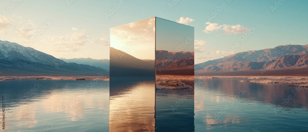 Poster reflective metallic monolith in serene desert landscape at sunset mirrored cube reflecting mountains