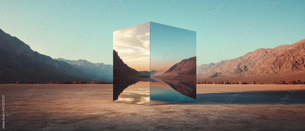 Aufkleber reflective metallic cube in a desert landscape at sunset mirrored cube reflecting mountains and a se