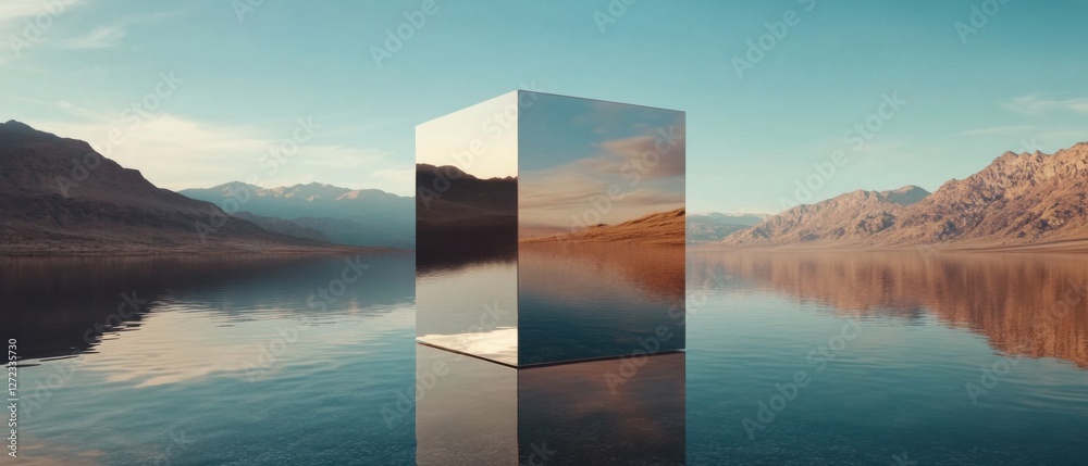 Poster Reflective metallic cube in serene desert lake with mountain reflections Surreal landscape with mirrored monolith at sunset Concepts of illusion, tranquility, and altered reality