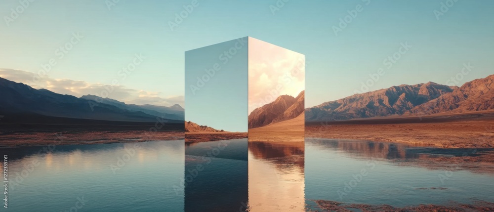 Poster surreal mirrored monolith in desert landscape at sunset reflective cube art installation in a tranqu