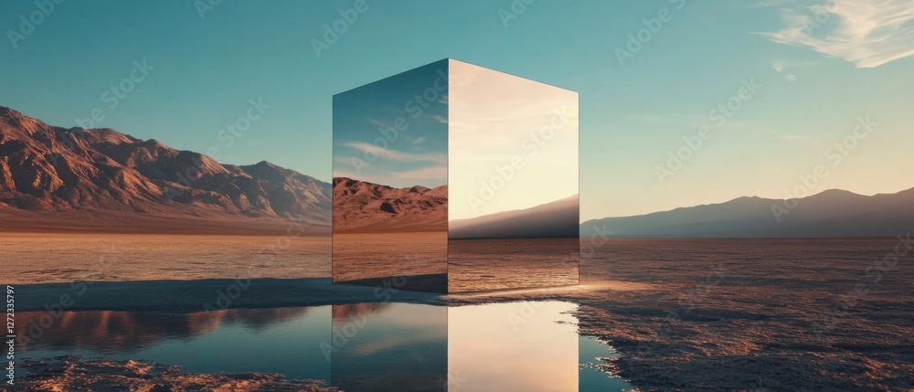 Aufkleber reflective metallic monolith in a serene desert landscape at sunset surreal mirrored cube reflecting