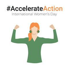 Square banner IWD2025 for a campaign to accelerate action. Woman doing strength gesture with arm. Concept of support women's rights, solidarity, gender equality. Flat vector.