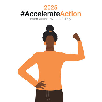 Square banner for International Women&rsquo;s Day 2025 for a campaign to accelerate action. African American woman doing strength gesture with arm. Concept of support women's rights, solidarity, gender equa