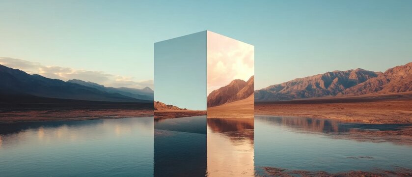 Surreal mirrored monolith in desert landscape at sunset Reflective cube art installation in a tranquil lake with mountain reflections Concepts of illusion, reality, and altered landscapes