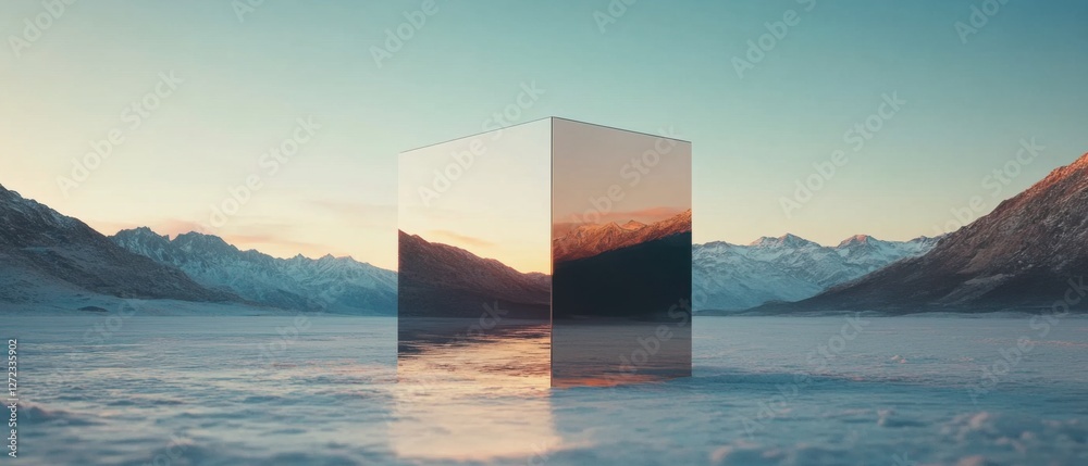 Aufkleber reflective metallic cube on a frozen lake with snowy mountains at sunset surreal landscape with a mi