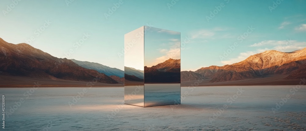 Aufkleber reflective metallic monolith in a barren desert landscape at sunset surreal mirrored cube reflecting