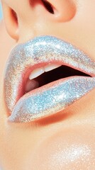 Fototapeta premium Close-up of a woman's lips with shimmering silver glitter lipstick. A glamorous and sparkly look.