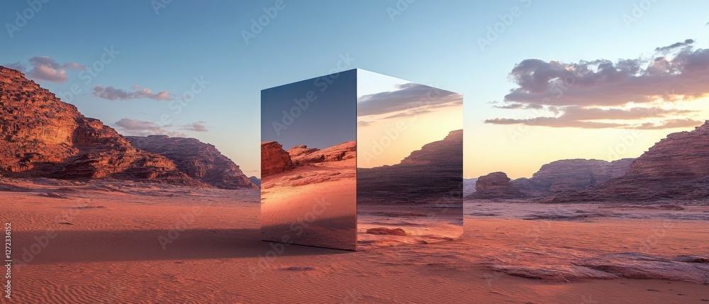 Poster reflective metallic monolith in wadi rum desert at sunset surreal landscape with mirrored cube refle
