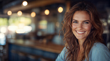 Obraz premium Confident woman smiling joyfully at home, cozy lifestyle photography in warm atmosphere