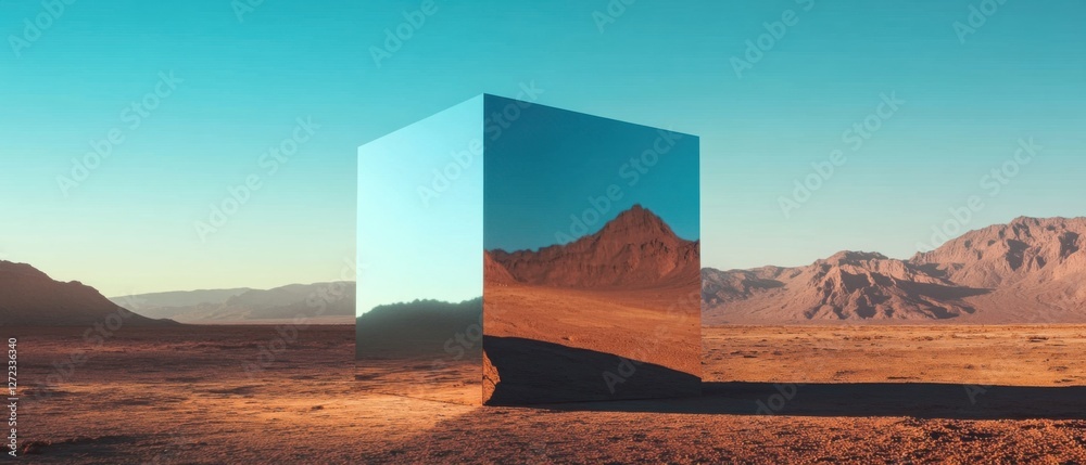 Poster reflective metallic cube in a vast desert landscape at sunset surreal mirrored monolith reflecting m