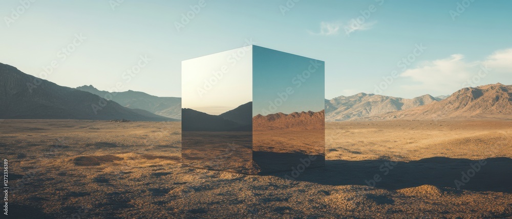 Poster Mysterious reflective metal monolith in a vast desert landscape at sunset Surreal and futuristic concept of alien artifact, unknown object, or modern art installation in a desolate environment