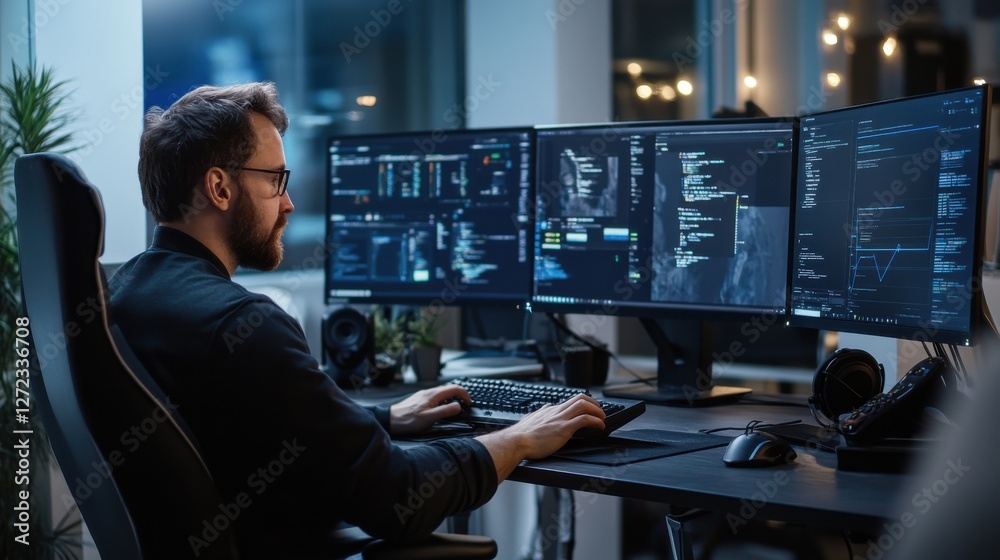 Fototapete A man is sitting at a desk with three computer monitors in front of him