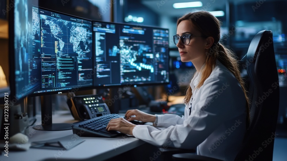 Poster a woman is sitting at a desk with three computer monitors in front of her