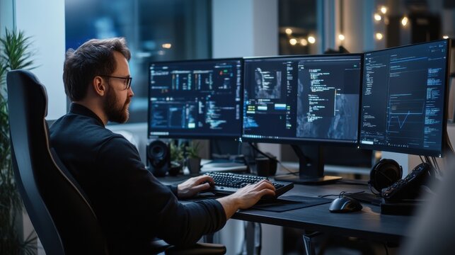 A man is sitting at a desk with three computer monitors in front of him
