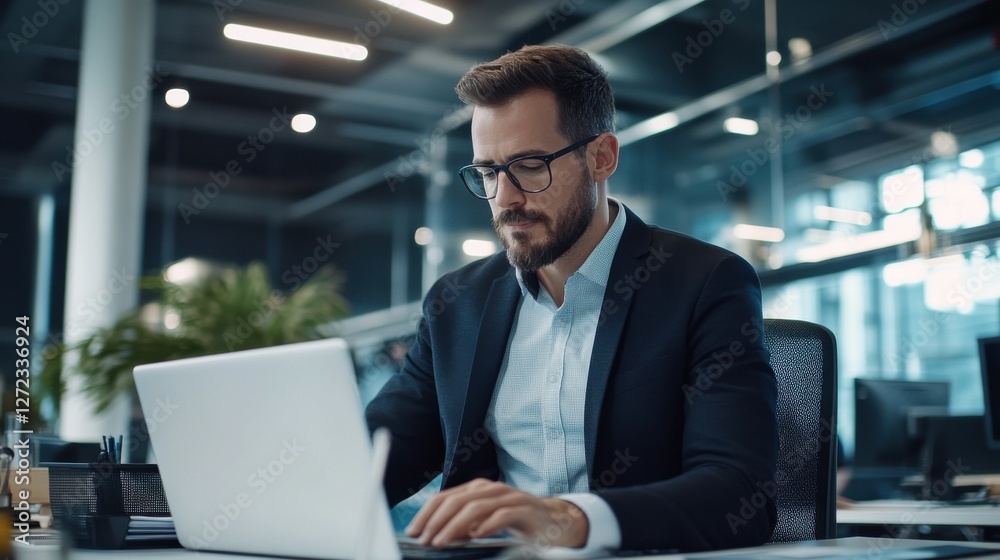 Poster a man in a suit is typing on a laptop computer