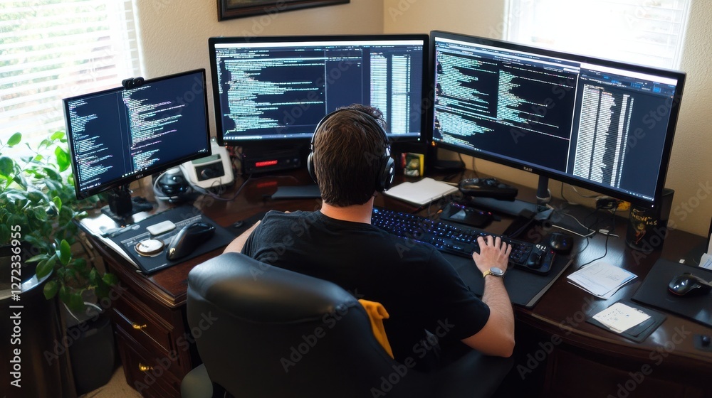 Aufkleber A man is sitting at a desk with three computer monitors and a keyboard