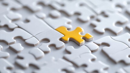 A yellow piece of a puzzle is missing from a white puzzle