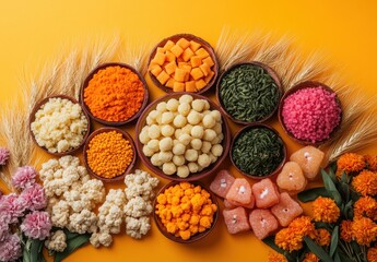 Vibrant Array of Colorful Vegetables and Edible Arrangement on Bright Yellow Background with Decorative Floral Accents for Culinary Inspiration