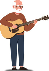 Elderly man playing acoustic guitar in minimal flat vector art