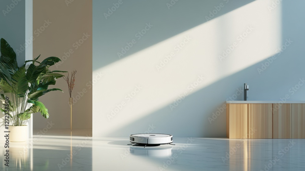 Poster a white robot vacuum cleaner is in a room with a large window