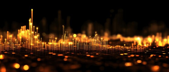Fototapeta premium Abstract futuristic cityscape with glowing orange lights and grid pattern on a dark background Digital city landscape representing technology, innovation, and the metaverse