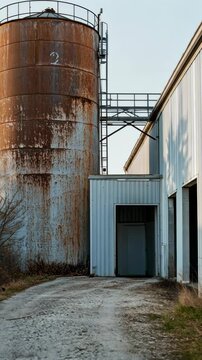 Rusty silos stand tall beside weathered industrial buildings in an abandoned factory setting during late afternoon light