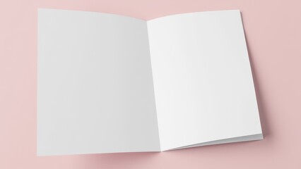 Open brochure mockup on a pink background, showcasing blank white pages for design presentation.