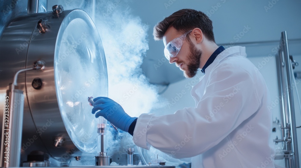 Poster a man in a lab coat is working with a machine that is producing steam