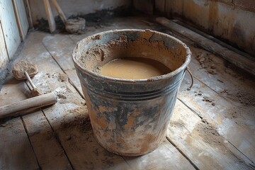 Clay Bucket Rustic Craftsman Workshop Under Construction with Plaster Tools and Wet Mixture