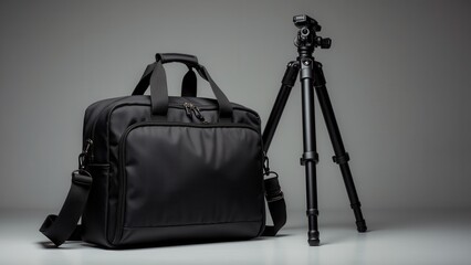Black camera bag with a tripod on a grey background.