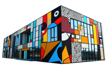 Outdoor vibrant mural art urban installation and architectural angle