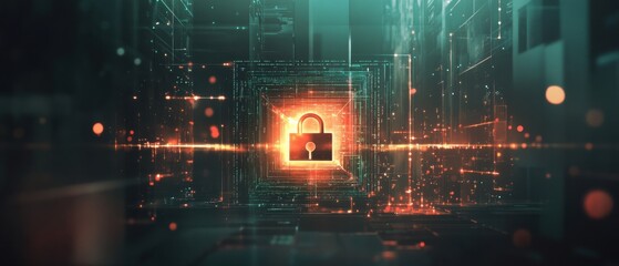 Obraz premium Glowing digital padlock icon in futuristic cityscape Cybersecurity, data protection, and network security concept in abstract digital world
