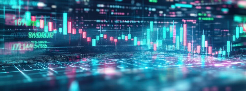 Futuristic Financial Market Cyberpunk Scene with Candlestick Charts and Neon Aesthetics