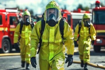 Firefighters in Green Protective Suits Responding to Hazardous Material Emergency Demonstration