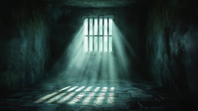 3D Rendering of Dark Atmospheric Prison Cell with Barred Window and Dramatic Shadows