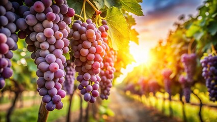 Naklejka premium Lush Ripe Grapes Hanging on Vine in Sunny Vineyard - Long Exposure Photography