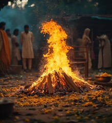 Vibrant Fire Ritual at Outdoor Gathering with People Celebrating Traditional Festival Surrounded by Yellow Flower Petals and Smoke in a Lively Atmosphere
