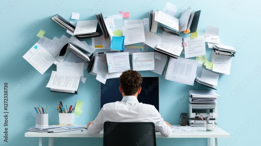 Poster A man sits at a desk with a computer and a pile of papers