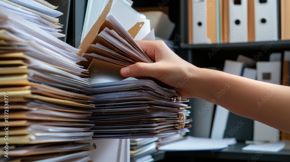 Aufkleber A person is reaching for a stack of papers on a shelf