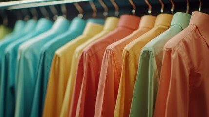 Colorful shirts hanging, retail display